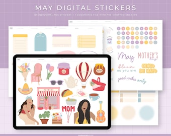 May Digital Stickers | 155 Hand-drawn, functional & quotes stickers for spring | Individual PNG files, GoodNotes pre-cropped stickers