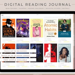 Könnte beinhalten: Eine digitale Lesetagebuch-App-Oberfläche mit weißem Hintergrund und grauem Rand. Die App zeigt ein Raster mit Buchumschlägen mit Titeln und Autoren. Die App enthält auch Schaltflächen zum Verfolgen von Büchern und Buchreihen. Der Text auf den Schaltflächen lautet "Bis zu 180 Bücher verfolgen", "Bis zu 120 Buchreihen verfolgen" und "Kostenloses Muster verfügbar".