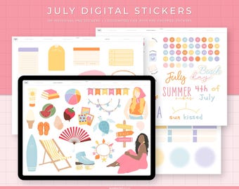 July Digital Stickers | 155 Hand-drawn, functional & quotes stickers for summer | Individual PNG files, GoodNotes pre-cropped stickers