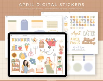 April Digital Stickers | 155 Hand-drawn, functional & quotes stickers for spring | Individual PNG files,  GoodNotes pre-cropped stickers