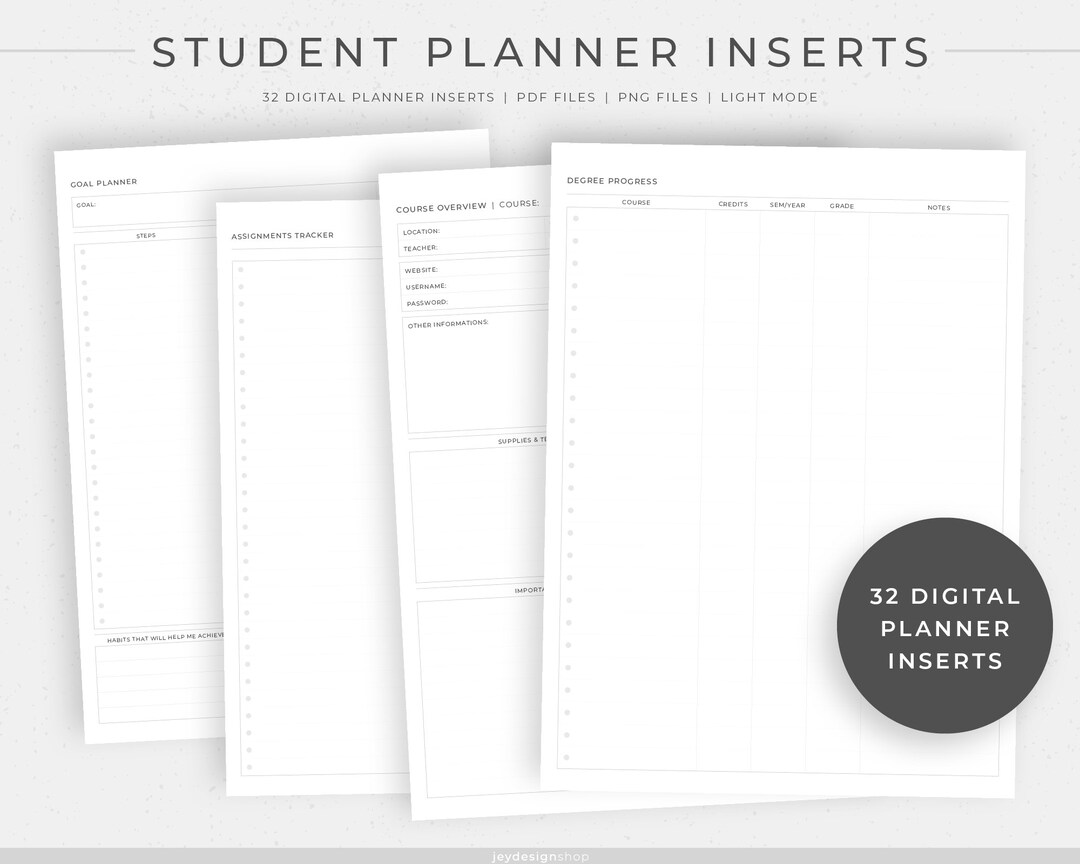 Student Digital Planner Inserts | 32 Academic Templates for Students ...