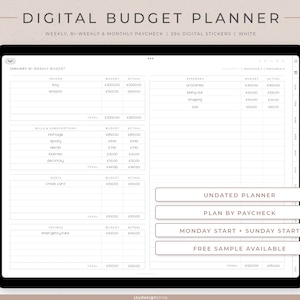 Planner di budget digitale non datato per busta paga bisettimanale, settimanale o mensile / 294 adesivi digitali finanziari / orizzontale / bianco