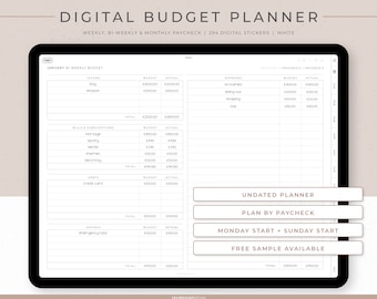 Undated Digital Budget Planner for bi-weekly, weekly or monthly paycheck | 294 Finance Digital Stickers | Landscape | White