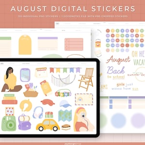 May include: A digital art display featuring August-themed stickers. The stickers include travel, school, and summer themes. The text on the display reads "August Digital Stickers" and "Oh Hey, Vacay".