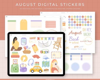 August Digital Stickers | 155 Hand-drawn, functional & quotes stickers for summer | Individual PNG files, GoodNotes pre-cropped stickers