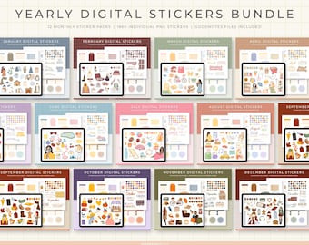 Monthly Digital Stickers Bundle | 1860 Yearly hand-drawn, functional & quotes | Individual PNG files, GoodNotes pre-cropped stickers