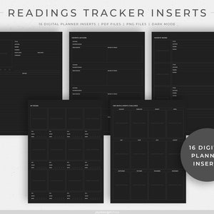 May include: A set of 16 black and white digital planner inserts for tracking reading habits. The inserts include sections for book reviews, favorite authors, favorite books, and a one book a month challenge.