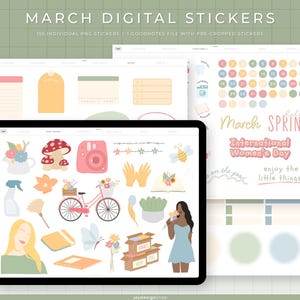 March Digital Stickers | 155 Hand-drawn, functional & quotes stickers for spring | Individual PNG files, GoodNotes pre-cropped stickers