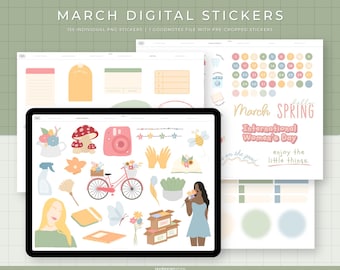March Digital Stickers | 155 Hand-drawn, functional & quotes stickers for spring | Individual PNG files, GoodNotes pre-cropped stickers