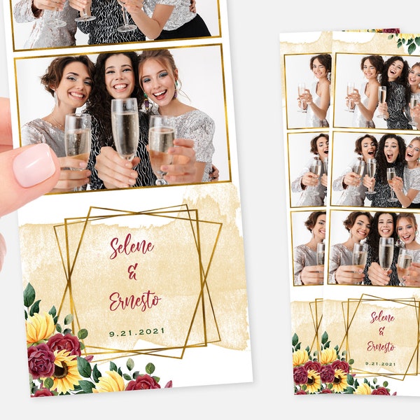 Wedding Photo Booth Template, Floral, Sunflower, 2x6 Strip, Red Roses, Rustic, Gold Frame, Greenery, Bridal Shower, Photobooth Template