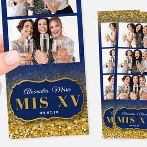 Quinceañera Photo Booth Template, Royal Blue, Gold, Editable, 2x6 Strip, Glitter, XV, Mis Quince, Sweet Sixteen 16, Wedding, Navy
