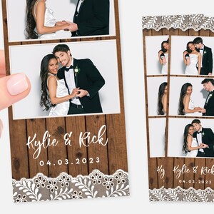 May include: Photo booth strips featuring a smiling couple in wedding attire. The strips have a wooden background with white lace trim and the names "Kylie & Rick" with the date "04.03.2023".