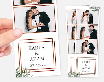 May include: A white photo booth strip with a gold frame and green foliage. The strip has two photos of a couple, and a text box that says "KARLA & ADAM 07.17.21".