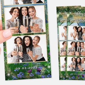 May include: A photo booth backdrop with a green and blue background with a glitter overlay. The backdrop has a floral design with purple flowers and the text "09.03.2022". The text "Ashley's Sweet Sixteen" is at the top of the backdrop.