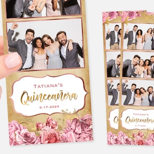 Modello per Photo Booth floreale / Modello per Photo Booth Quinceañera / Striscia 2x6 / Testo modificabile PSD / Rustico / Vintage / Rose rosa / Oro