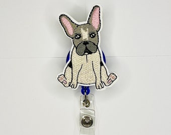 Französische Bulldogge Abzeichen Reel ID Halter Geschenk für Hundefriseur Vet Tech Tierarzt Krankenschwester Lehrer Hellgrau Stier Hundeliebhaber