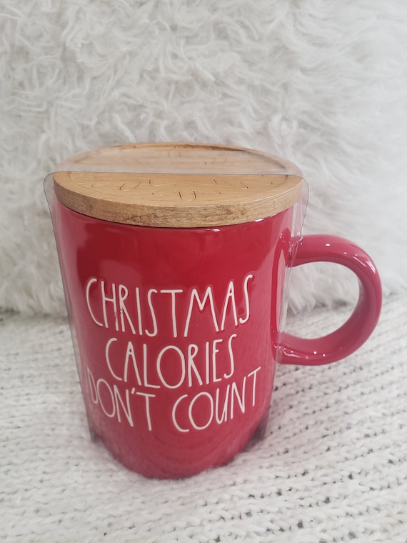 Rae Dunn christmas Calories Don't Count Red Mug & Woodend Lid