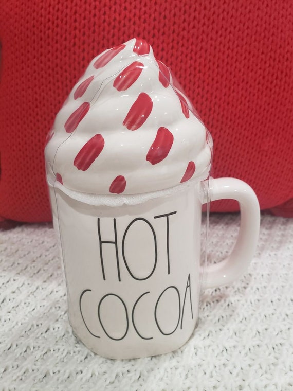 Rae Dunn hot Cocoa White Mug and Peppermint Lid Warmer Holiday