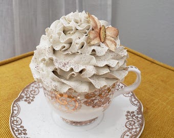 Pip Posh Design Faux Sweet Décor Golden Laced Tea Cup & Ivory Butterfly Whipped Topper Collection