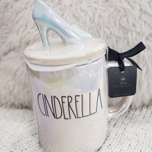 Rae Dunn &quot;Cinderella&quot; White Iridescent Mug & Glass Slipper Mug Topper Disney&#39;s Princess Collection