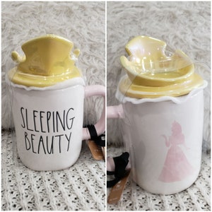 Rae Dunn &quot;Sleeping Beauty&quot; Aurora Pink Silhouette Double Sided Mug & Crown Mug Topper Disney&#39;s Sleeping Beauty Princess Collection