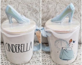 Rae Dunn "Cinderella" Double Sided Mug & Glass Slipper Mug Topper Disney's Princess Collection