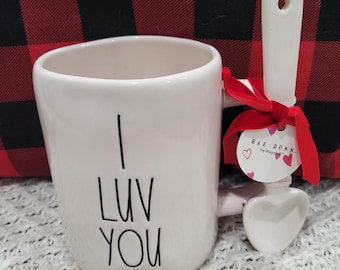 Rae Dunn " I Luv You" White Mug & Heart Stir Spoon Collection