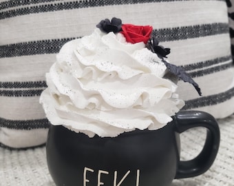Rae Dunn "EEK!" Black Cauldron Mug & Pip Posh Design Faux Sweet Décor White Whipped Red Rose Topper Collection