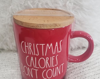 Rae Dunn "Christmas Calories Don't Count" Red Mug & Woodend Lid Warmer Holiday Collection