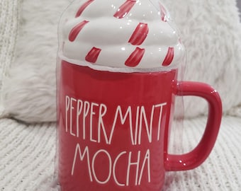 Rae Dunn "Peppermint Mocha" Red Mug & Whipped Mug Topper Holiday Collection