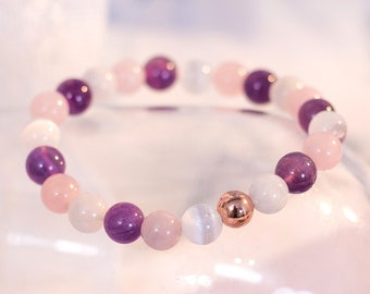 Healing Crystal Bracelet for Women, Amethyst, Rose Quartz, Moonstone Bead Bracelet, Purple Pink Stone Jewelry, Gift for Her