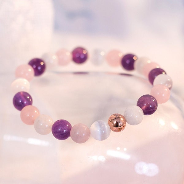 Healing Crystal Bracelet for Women, Amethyst, Rose Quartz, Moonstone Bead Bracelet, Purple Pink Stone Jewelry, Gift for Her