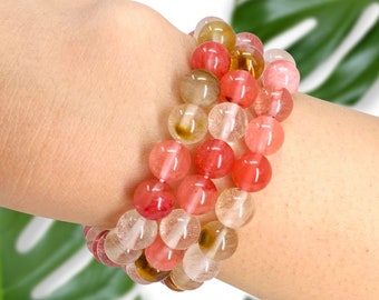 Bracelet en cristal de quartz cerise | Bracelet de perles pour femme, 8 mm | Bracelet de guérison, bracelet de perles pour l'amour de soi, bracelet chakra du coeur