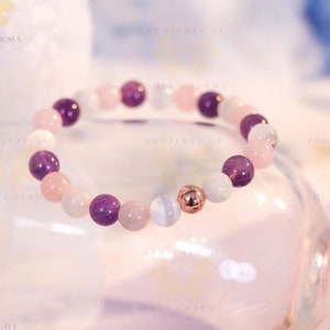 Healing Crystal Bracelet for Women, Amethyst, Rose Quartz, Moonstone Bead Bracelet, Purple Pink Stone Jewelry, Gift for Her