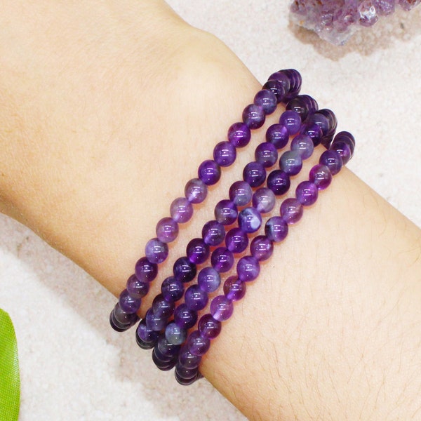 Amethyst Beaded Crystal Bracelet 4mm Mini Beads Stackable | Anti Stress Worry, Intuition, Enlightenment, Spiritual Gift for Her