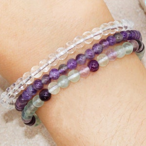 Divinity & Enlightenment Stackable Crystal Intention Bracelet Set - Crown Chakra Healing Jewelry | Clear Quartz, Amethyst, Rainbow Fluorite