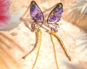 Blue Butterfly Earrings, Butterfly Wing Earrings, Fairy Wing Earrings, Long Dangle & Drop Earrings, Hypoallergenic Earrings Korean Earrings