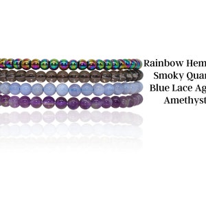 Anti Anxiety Crystal Bracelets 4mm round beads of Amethyst, Blue Lace Agate, Smoky Quartz, Rainbow Hematite on white background. Dainty stackable crystal bracelet design with intention of relieving stress and worry.