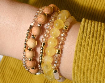 Citrine Gold Bracelet Set, Dainty Gold Bracelet Stack for Women, Wooden Bracelet, Gemstone Bracelet Pack, Build Your Own Beaded Bracelet Set