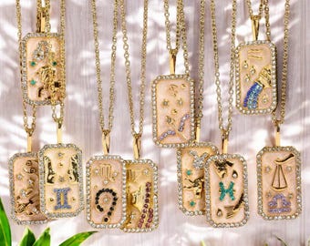 Zodiac Astrology Gold Necklaces - 14K Plated with Cubic Zirconia