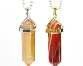 Vintage Carnelian Gemstone Crystal Point Gold Plated Pendant Necklace 24" Chain