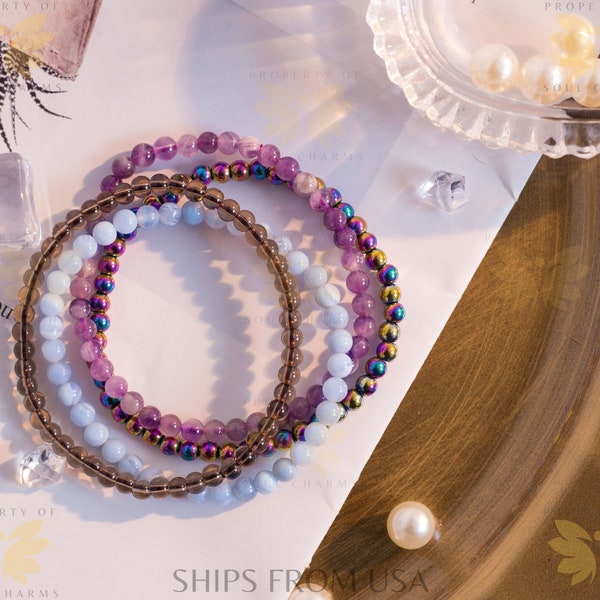 Juego de pulseras de cristal: ágata azul, amatista y cuarzo ahumado. Joyas curativas para aliviar el estrés y la ansiedad.