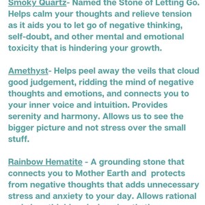 explanation of worry stone, anxiety crystals and their benefits. Description of Amethyst healing properties, blue lace agate healing properties, smoky quartz healing properties, rainbow hematite healing properties.