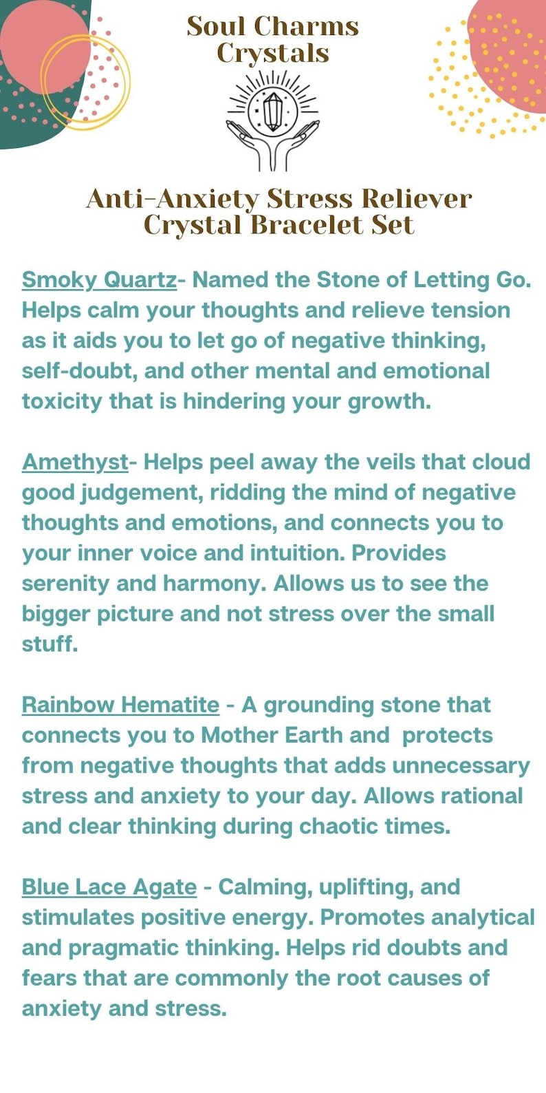 explanation of worry stone, anxiety crystals and their benefits. Description of Amethyst healing properties, blue lace agate healing properties, smoky quartz healing properties, rainbow hematite healing properties.