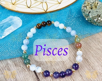 Pisces Crystal Bracelet: Beaded Zodiac Gemstone, February March Birthsone Jewelry