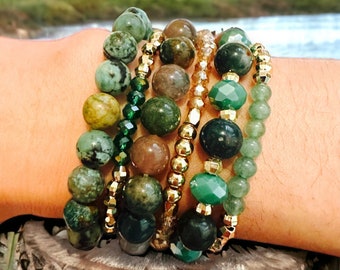 Earth Stone Peace, Love, Abundance Bracelet Set, Green Aventurine Bracelet Stack for Women, Gemstone Bead Bracelet, Dainty Gold Bracelet