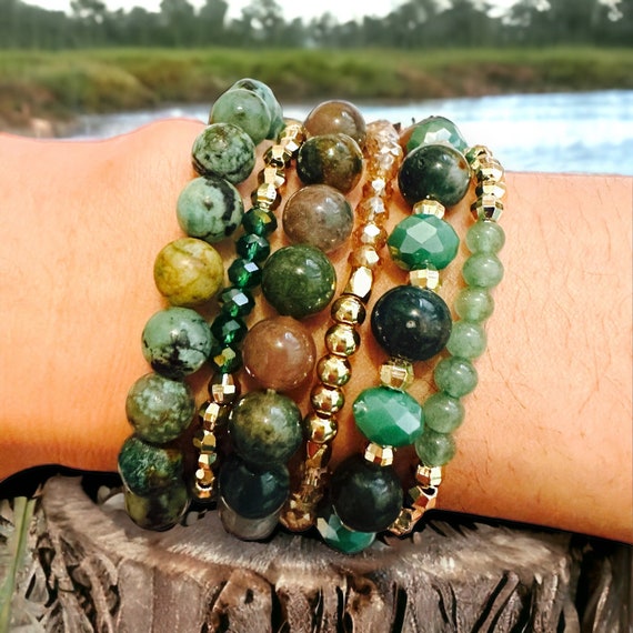Green Aventurine Indian Agate African Turquoise Bracelet Stack
