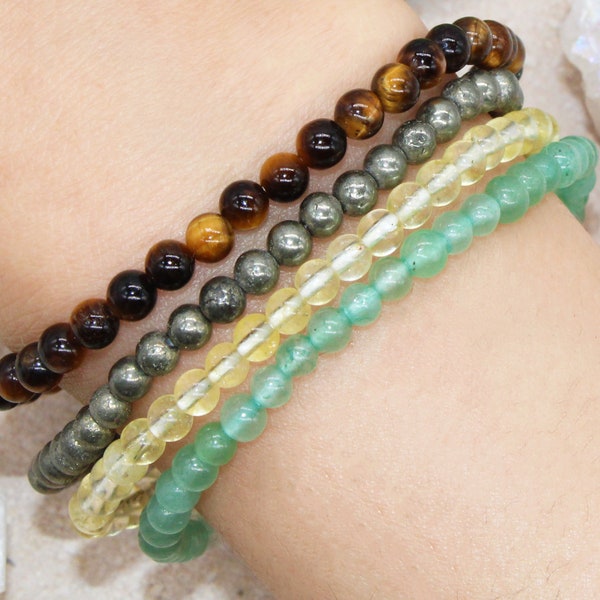 Pyrite Crystal Money Bracelet, Manifest Wealth Attract Abundance Good Luck Crystal Stackable Bracelet Set Green Aventurine Citrine Tiger Eye