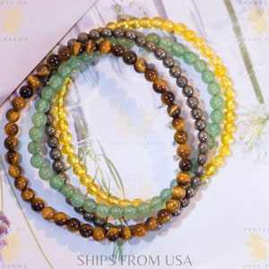 Pyrite Crystal Money Bracelet, Manifest Wealth Attract Abundance Good Luck Crystal Stackable Bracelet Set Green Aventurine Citrine Tiger Eye