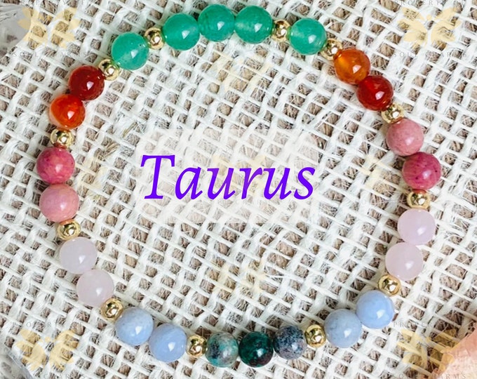 Taurus Zodiac Crystal Bracelet: Aventurine, Carnelian, Rhodonite April May Birthstone Jewelry